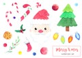 Cute watercolor Christmas objects set: Santa Claus, Fir tree, ball, sweet, sock, holly berry, fairy lights icon. Royalty Free Stock Photo