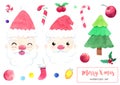 Cute watercolor Christmas objects set: Santa Claus, Fir tree, ball, sweet, sock, holly berry, fairy lights icon. Royalty Free Stock Photo