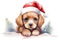 Cute watercolor Christmas puppy in a Santa Claus hat. Xmas dog. Illustration isolated on white background. Festive New Royalty Free Stock Photo