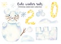 Cute watercolor christmas snow rat with snowballs, numbers, snowflakes Royalty Free Stock Photo