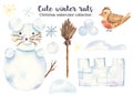 Cute watercolor Christmas snow rat with a snowman, broom, snow fortress Royalty Free Stock Photo