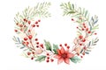 Cute watercolor Christmas wreath from green twigs, mistletoe branches and flowers isolated on white background Royalty Free Stock Photo