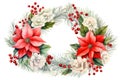 Cute watercolor Christmas wreath from green twigs, mistletoe branches and flowers isolated on white background Royalty Free Stock Photo