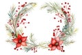 Cute watercolor Christmas wreath from green twigs, mistletoe branches and flowers isolated on white background Royalty Free Stock Photo