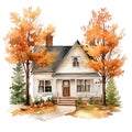 Cute watercolor cottage house with pupmkins , halloween time, fall autumn house, illustration