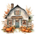 Cute watercolor cottage house with pupmkins , halloween time, fall autumn house, illustration