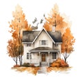 Cute watercolor cottage house with pupmkins , halloween time, fall autumn house, illustration