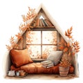 Cute watercolor cozy bookroom in autumn, living room fall, cozy scene in fall autumn, illustration