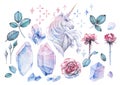 Watercolor design with unicorn and rose vignette Royalty Free Stock Photo