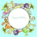 Cute watercolor dinosaurs frame, round border