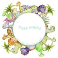 Cute watercolor dinosaurs frame, round border