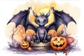 Cute watercolor dragon in Halloween. Dragon with open wings sits on a stone against a fiery background, surrounded by