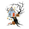 Cute watercolor drawing on the theme of halloween celebration. playhouse for children in the tree. cute picture, holiday, flags, p