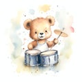 Cute watercolor drummer teddy bear illustration, teddy bears clipart Royalty Free Stock Photo