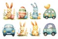 Cute watercolor easter cute bunny with eggs and pastel beauty flowers, chicks, cars isolated on white background on green grass Royalty Free Stock Photo