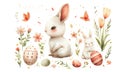 Cute watercolor easter cute bunny with eggs and pastel beauty flowers isolated on transparent background