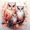 Cute watercolor family Owls illustration painting on white background