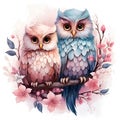 Cute watercolor family Owls illustration painting on white background.