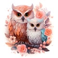 Cute watercolor family Owls illustration painting on white background.