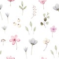 Cute Watercolor Floral Seamless  Floral Surface Pattern With Pink And Blue Small Flowers And Green Leaves On White Background. Han