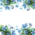 Cute watercolor flower border. Background with blue watercolor f