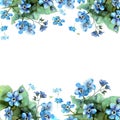 Cute watercolor flower border. Background with blue watercolor forget me nots.