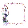 Cute watercolor flower frame. Background with pansies.