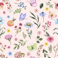 Cute watercolor flowers seamless pattern on pink background. Spring wildflowers and leaf botanical print. Summer meadow Royalty Free Stock Photo