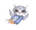 Cute watercolor flying male owl, fantasy character Royalty Free Stock Photo