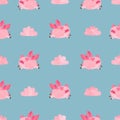 Cute watercolor flying pigs seamless pattern