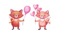 Cute watercolor foxes for birthday party with balloon. Set of characters on white. Animals for celebrations Royalty Free Stock Photo