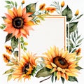 Cute watercolor frame with yellow sunflowers and leaves. Botanical art. Hand drawn art Royalty Free Stock Photo