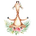 Cute watercolor geraffe with tropical flowers in yoga position