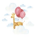 Cute watercolor Giraffe with balloons. Kids illustraition. Royalty Free Stock Photo