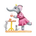 Cute watercolor girl elephant in a pink dress. Tea party Royalty Free Stock Photo