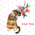 Cute watercolor greeting card with cat and flowers. Lovely kitten with lilies. Ideal for Valentine's day, Wedding