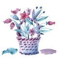 Cute watercolor hand painted basket with spring flowers and birdie