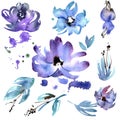 Cute watercolor hand painted purple flower elements for invitation, wedding card, birthday card Royalty Free Stock Photo