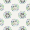 Cute watercolor handdrawn pattern with cute cartoon baby raccoon