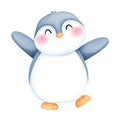 Cute watercolor happy baby penguin illustration. Charming winter penguin clipart