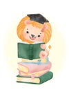 Cute watercolor happy graduate kid lion reading book sitting on book stack , let`s go to school cartoon animal watercolor vector Royalty Free Stock Photo