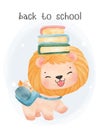 cute watercolor happy kid lion with school backpack and book stacked, back to shcool cartoon animal watercolor vector