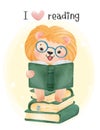 Cute watercolor happy nerd kid lion reading book and sitting on book stacked, back to school cartoon animal watercolor vector Royalty Free Stock Photo