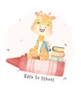 Cute watercolor happy nerdy kid giraffe with backpack sitting on red crayon ride, back to school cartoon animal wildlife watercolo Royalty Free Stock Photo