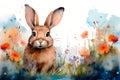 Cute watercolor hare or rabbit and flowers on a white background. Easter bunny. Royalty Free Stock Photo