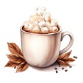 Cute watercolor hot cocoa with marshmellow mug in fall, illustration