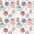 Cute Watercolor Houses and Flowers Seamless Pattern. Tender Kids Textile and Wrapping paper design. Watercolour