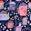 Cute Watercolor Houses and Flowers Seamless Pattern. Tender Kids Textile and Wrapping paper design. Watercolour