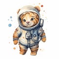 Cute watercolor illustration of astronaut tiger in a space suit