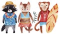 Cute watercolor illustration with cat, raccoon and monkey in summer style.
